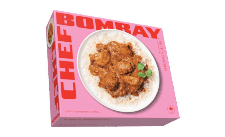 A pink box labeled "Bombay Chef" featuring an image of butter chicken served over white rice, garnished with cilantro.