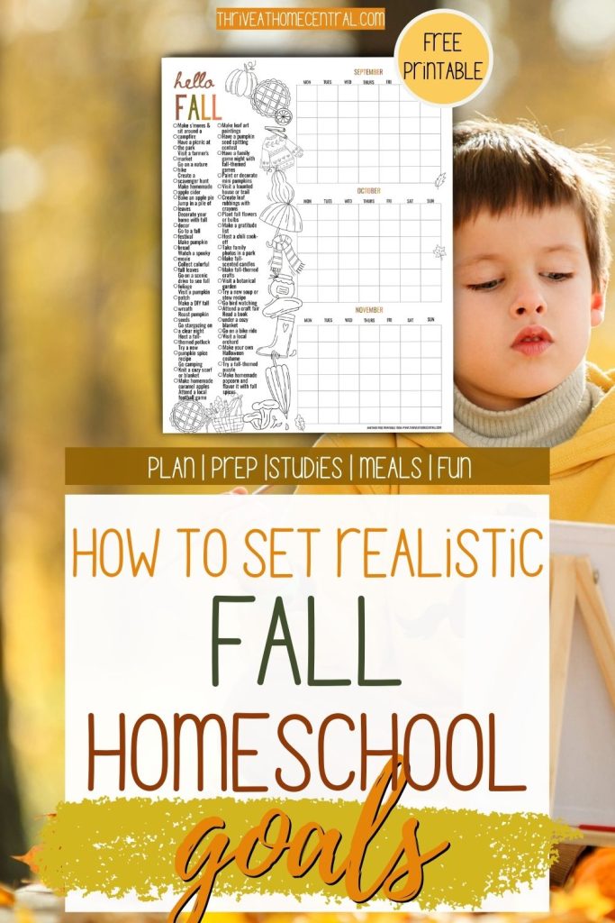 A young boy outdoors with a book, next to a graphic promoting a printable fall homeschool goals planner featuring seasonal illustrations and planning sections.