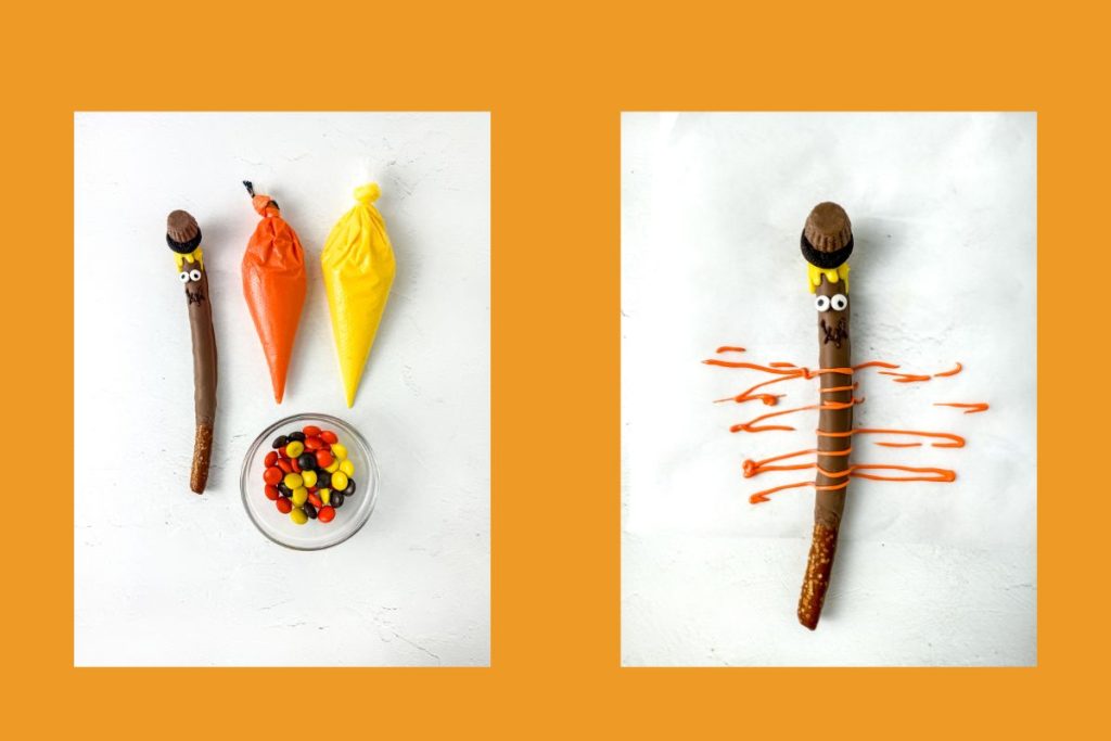 Two panels: left shows a pretzel stick with candy eyes and hat, orange and yellow icing, and a bowl of candies; right shows the pretzel with orange icing zigzags on parchment paper.