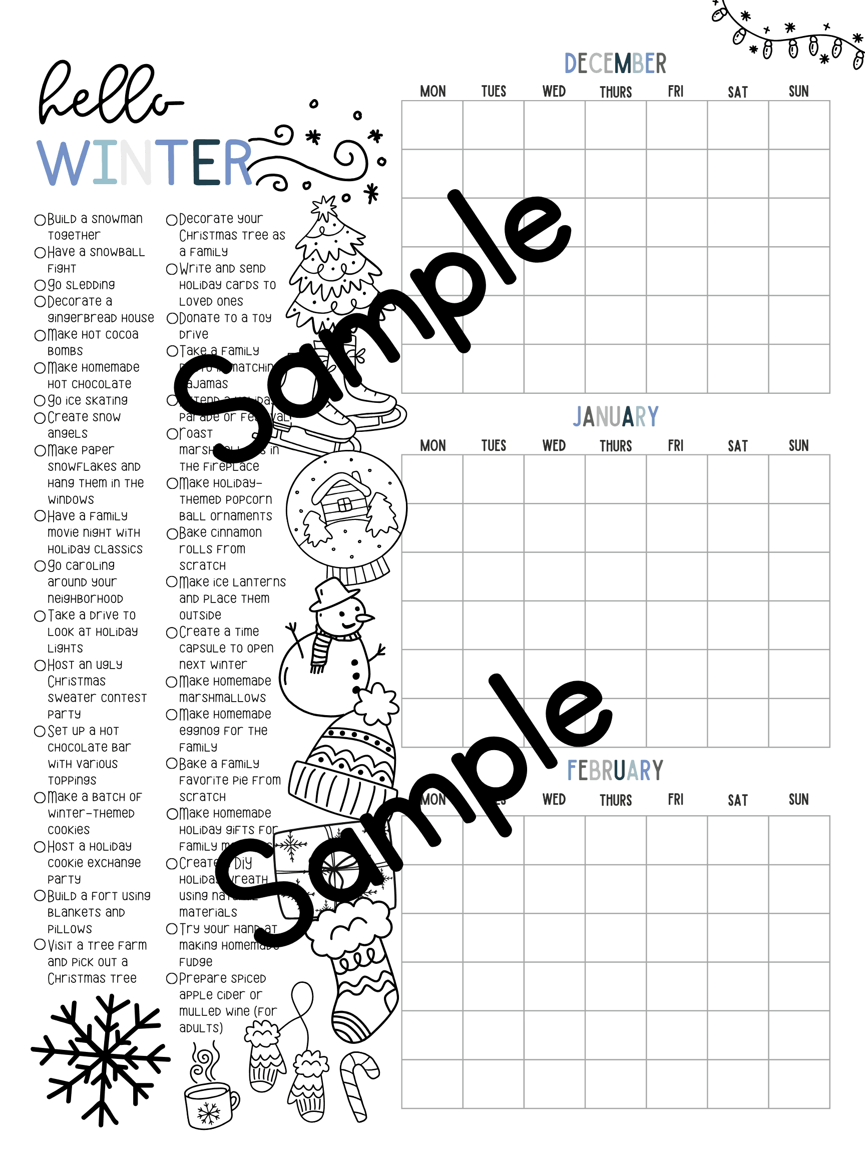 Winter-themed monthly planner for December, January, and February with illustrations of winter items and a seasonal activities list on the left. Part of our Totally Free Tuesdays series; “Sample” watermark across the page.