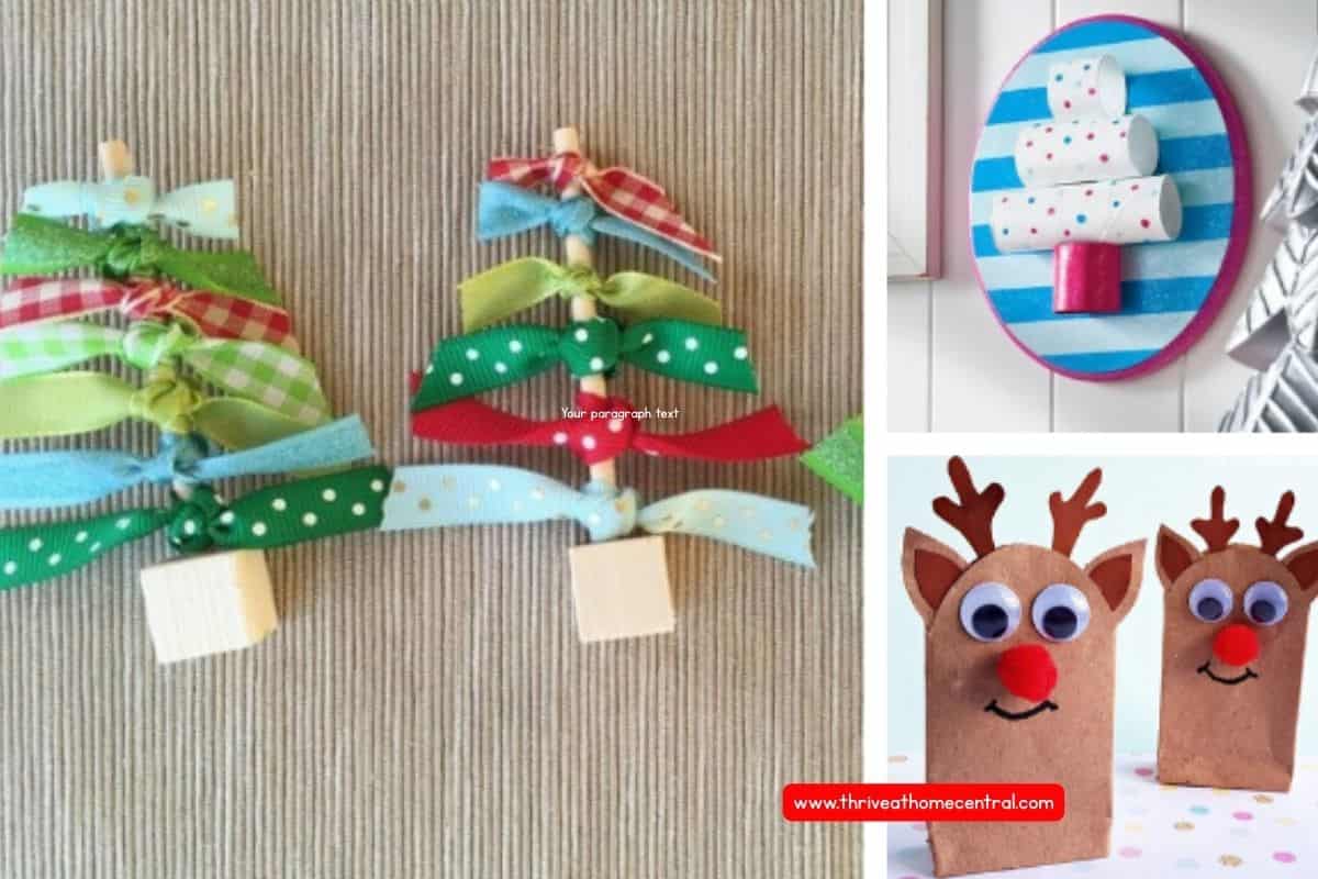 Handmade Christmas crafts: ribbon Christmas trees with wooden bases, paper roll tree art on a striped background, and felt reindeer treat bags with red pom-pom noses.