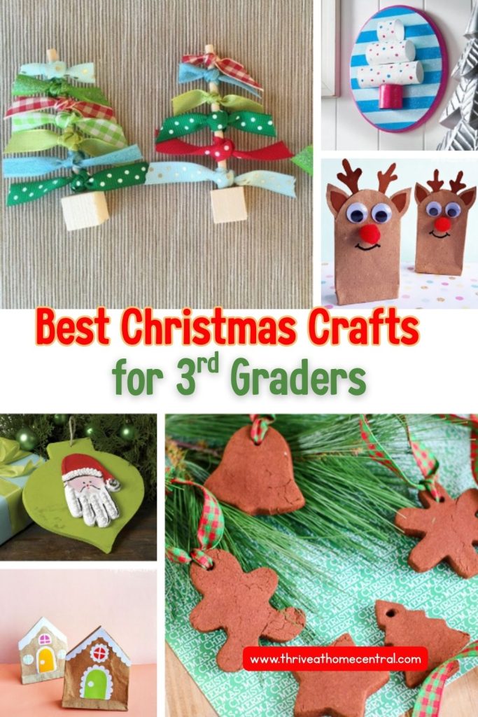 A collage of various Christmas crafts for 3rd graders, including ribbon trees, reindeer bags, gingerbread ornaments, painted houses, and a handprint mitten ornament.