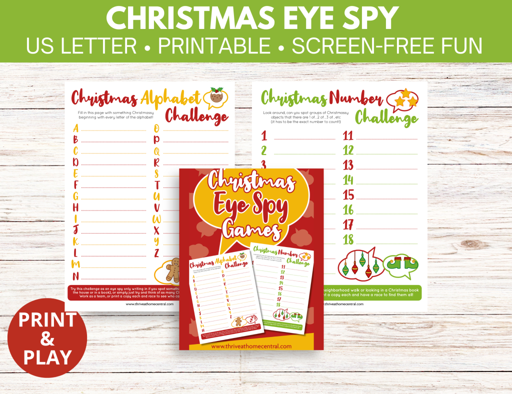 Three printable Christmas-themed activity sheets—perfect for homeschool Freebie Fridays—titled "Christmas Alphabet Challenge," "Christmas Number Challenge," and "Christmas Eye Spy Games" on a wooden surface.