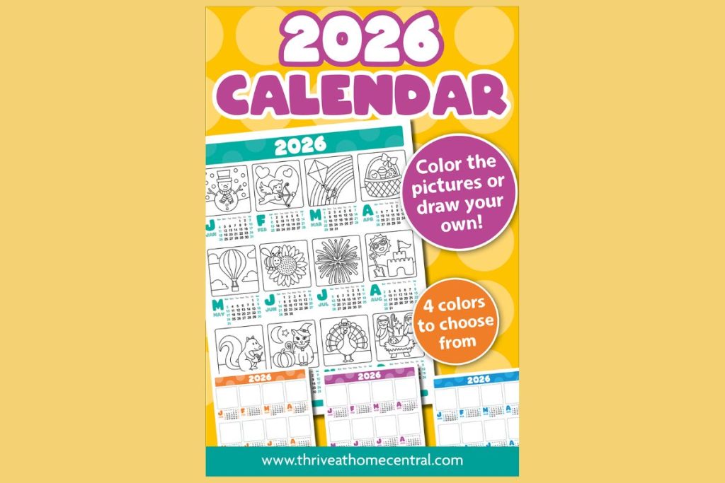 2026 calendar for children with black-and-white monthly illustrations to color or draw, available in four colors. Website link at the bottom: www.thriveathomecentral.com.