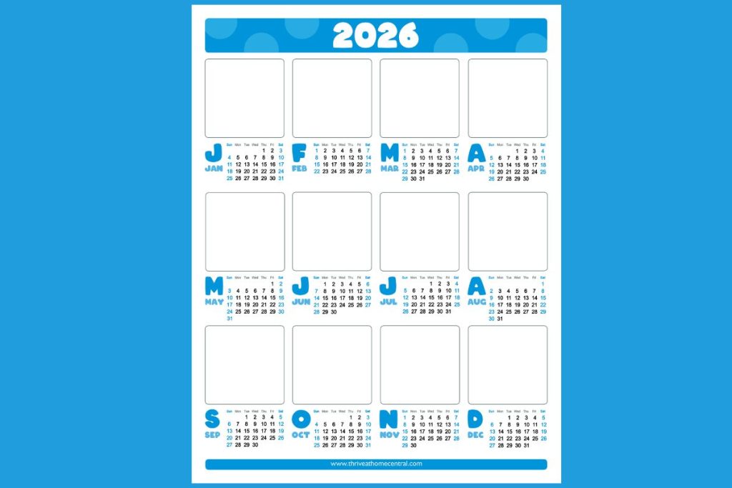 A 2026 calendar with months arranged in a grid format, each month showing small dates below large boxes for notes, on a blue background.