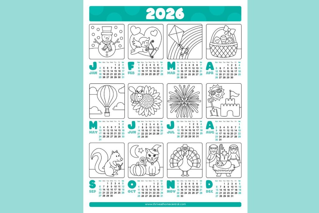 2026 calendar with each month featuring a themed black-and-white illustration for coloring, such as a snowman, kite, sunflower, and pumpkin.