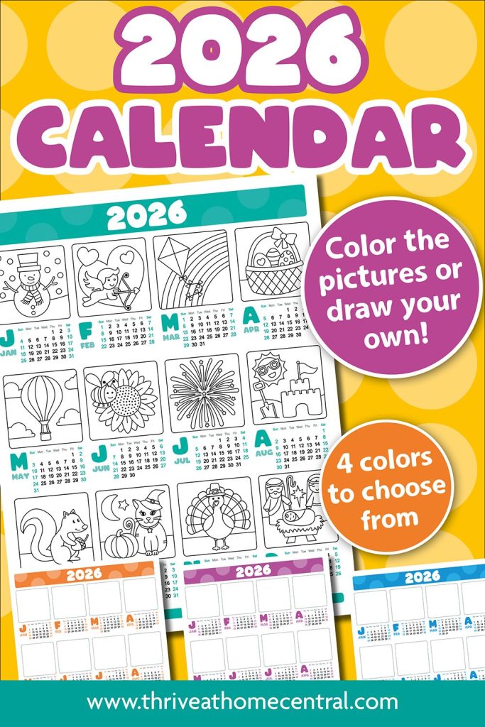 2026 calendar with monthly coloring pages featuring animals and objects, and with an option to choose from four color themes. Includes the website www.thriveathomecentral.com.