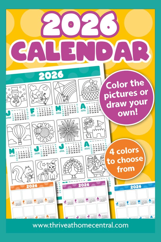 2026 calendar for kids with monthly coloring pages, a note to color or draw on the pages, and options for four different color themes shown at the bottom.