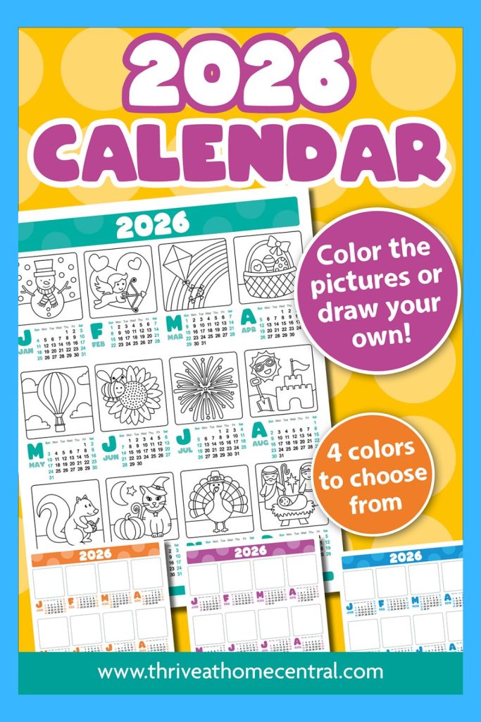 2026 calendar with each month featuring a coloring page; includes options to color pictures or draw, and offers four color styles at the bottom.