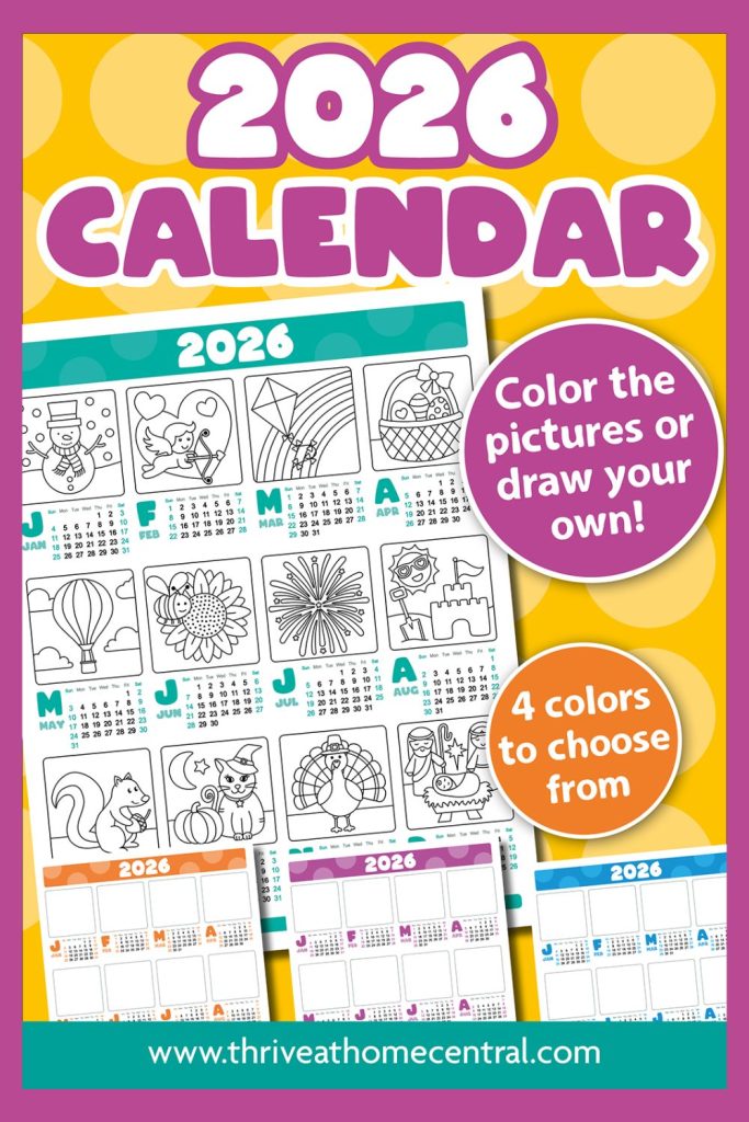 2026 calendar coloring pages with outlined monthly illustrations, option to color or draw, and four color themes displayed against a yellow polka dot background.