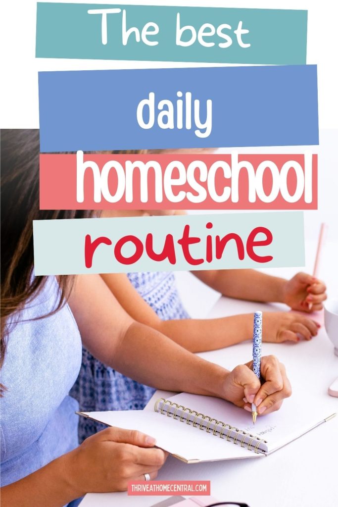 An adult and child sit at a table; the adult writes in a notebook while the child holds a pencil. Text overlay reads: "The best daily homeschool routine.