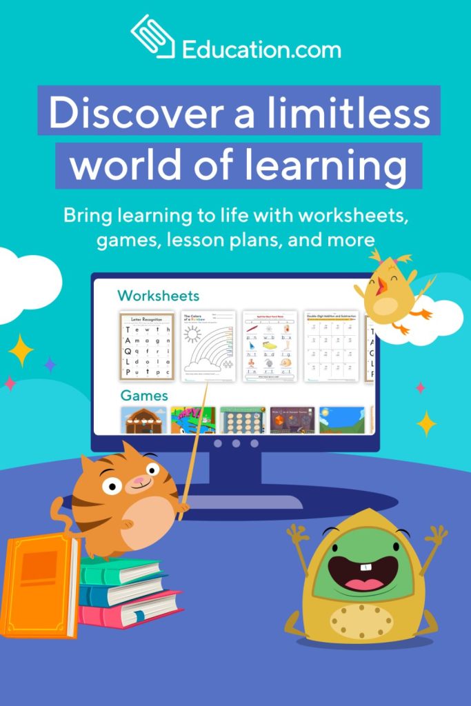 Two cartoon animals point at a computer displaying worksheets and games, promoting Education.com’s learning resources for kids.
