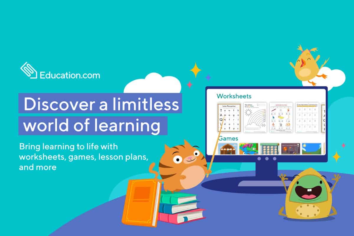 Cartoon animals present an educational website on a computer screen showing worksheets and games, with books and sparkles around them. Text promotes learning resources from Education.com.